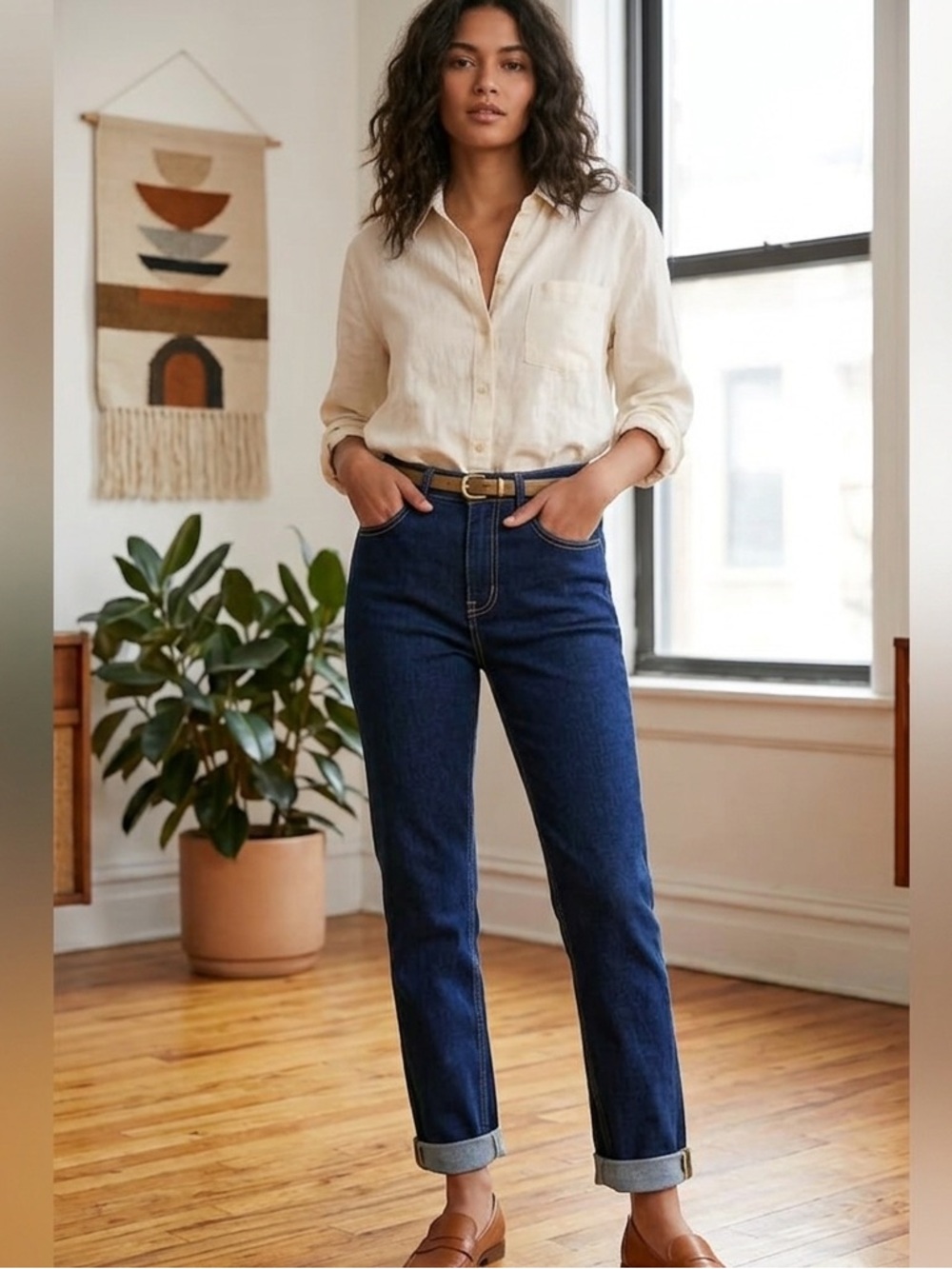 BDG Girlfriend High-Rise Blue Jeans with Yellow Stitching Urban Outfitters